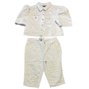 Ashley Stewart bejeweled white Jean Jacket and Crop pants, 22/24